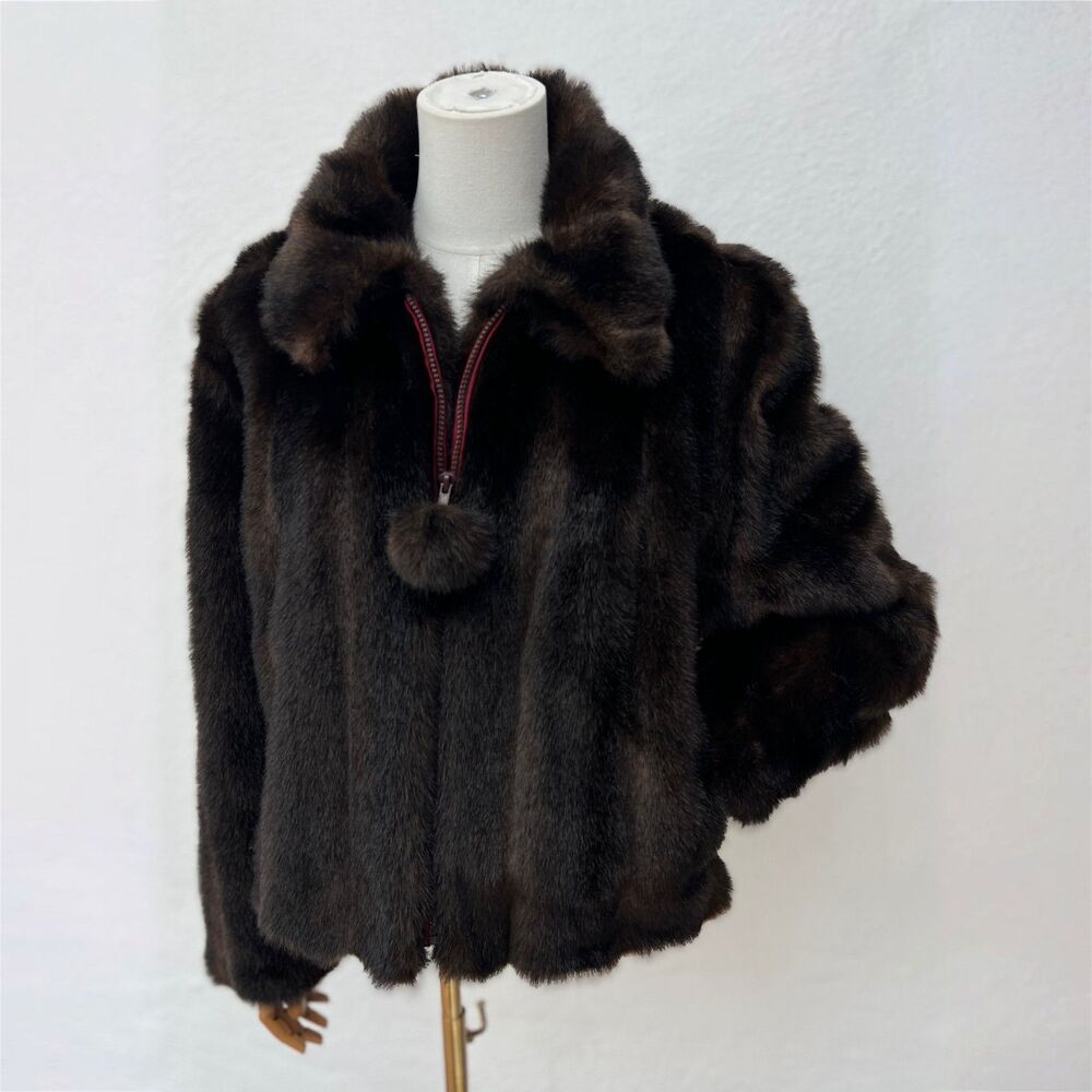 PRISTINE! Vtg Faux Mink Dark Chocolate Brown Cropped Shrunken Wide Collar Jacket